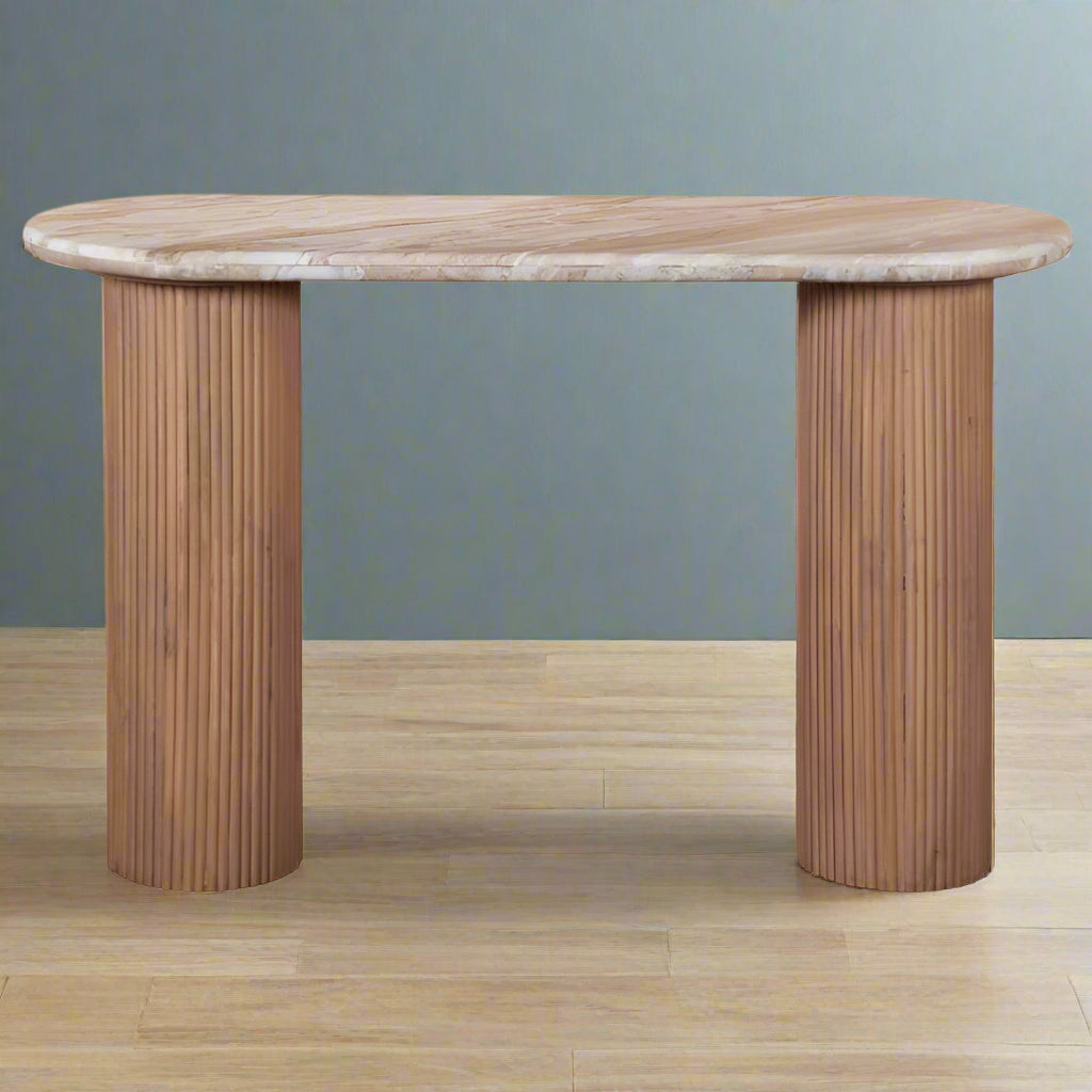 A wooden console table featuring a marble top, showcasing a blend of natural materials and elegant design.