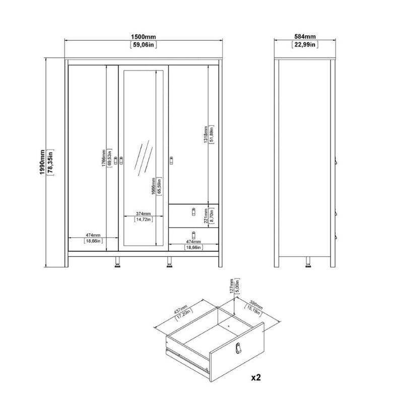 Furniture To Go Barcelona 2 Doors 1 Mirror Door 2 Drawers Wardrobe Cashmere