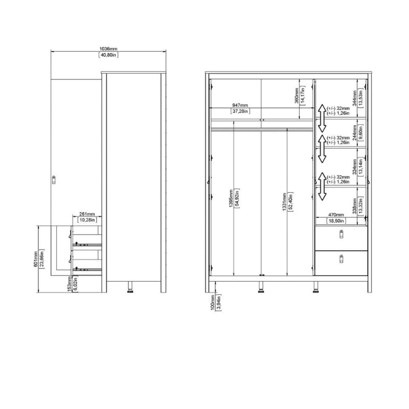 Furniture To Go Madrid 2 Doors 1 Mirror Door 2 Drawers Wardrobe Cashmere