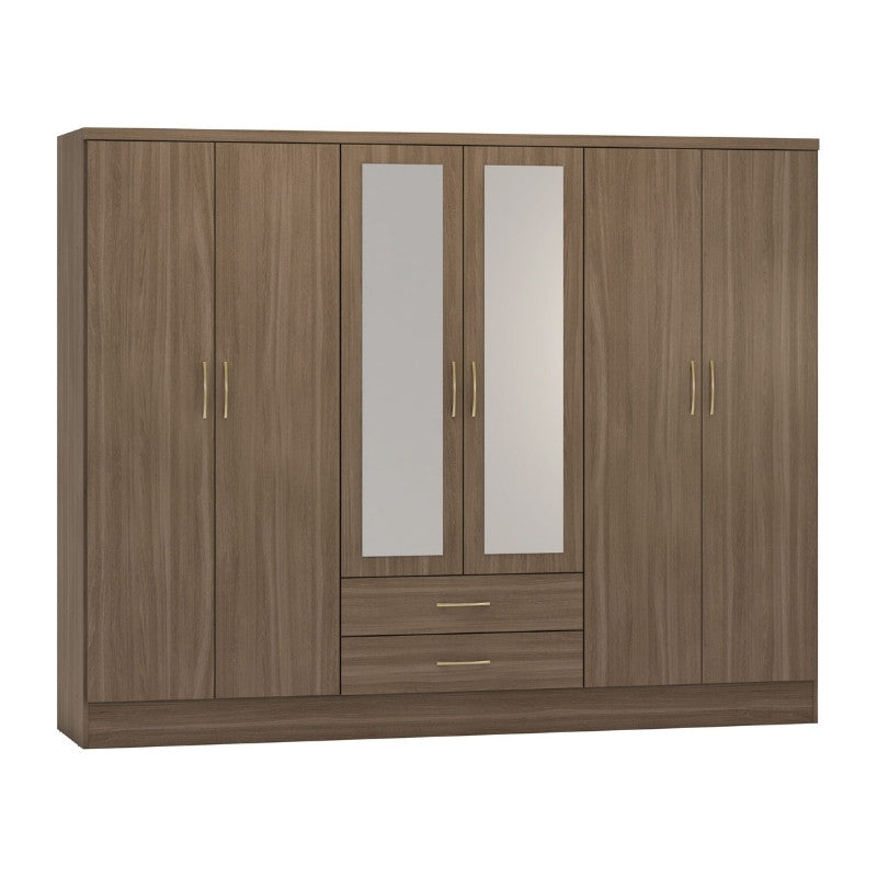 Seconique Nevada 6 Door 2 Drawer Mirrored Wardrobe Rustic Oak Effect