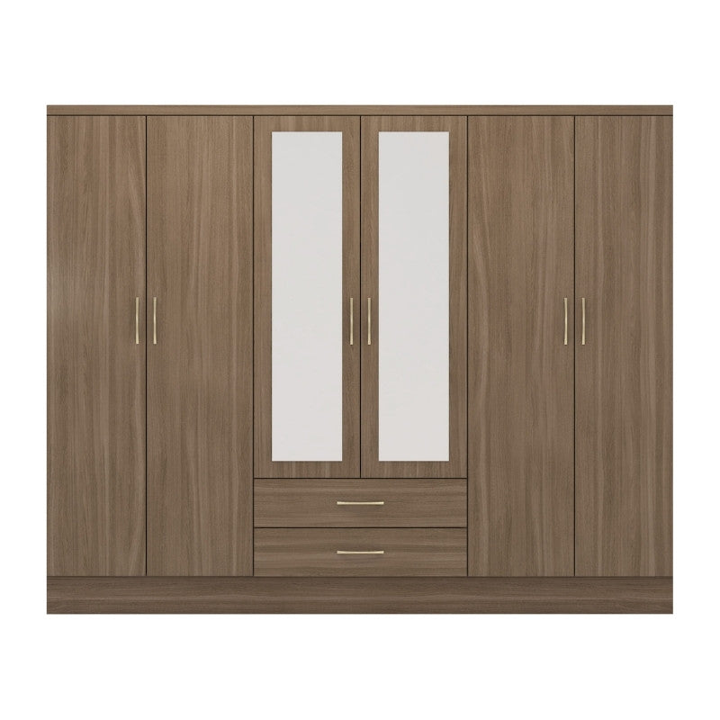 Seconique Nevada 6 Door 2 Drawer Mirrored Wardrobe Rustic Oak Effect