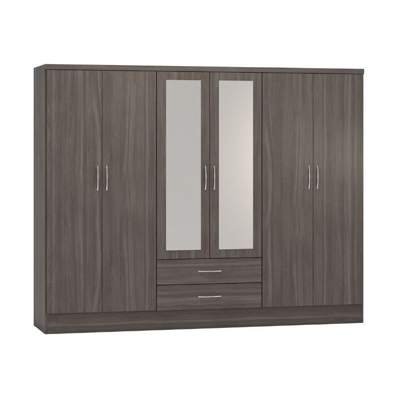 Seconique Nevada 6 Door 2 Drawer Mirrored Wardrobe Black Wood Grain
