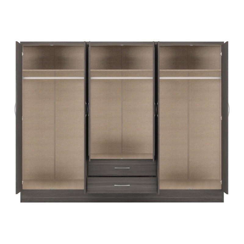 Seconique Nevada 6 Door 2 Drawer Mirrored Wardrobe Black Wood Grain