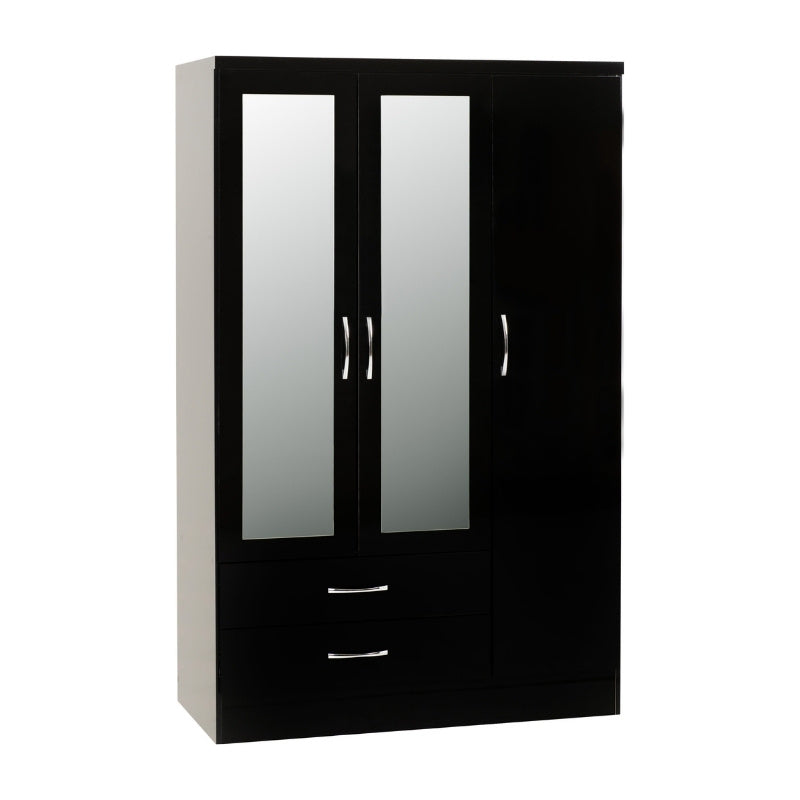 Seconique Nevada 3 Door 2 Drawer Mirrored Wardrobe Black Gloss