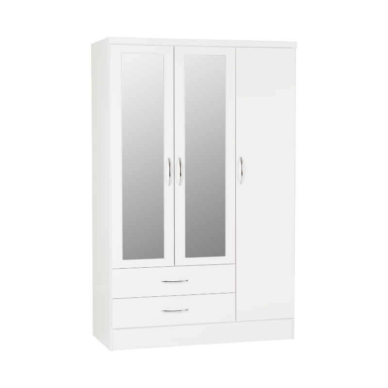 Seconique Nevada 3 Door 2 Drawer Mirrored Wardrobe White Gloss