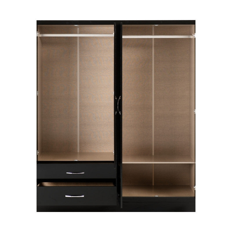 Seconique Nevada 4 Door 2 Drawer Mirrored Wardrobe Black Gloss