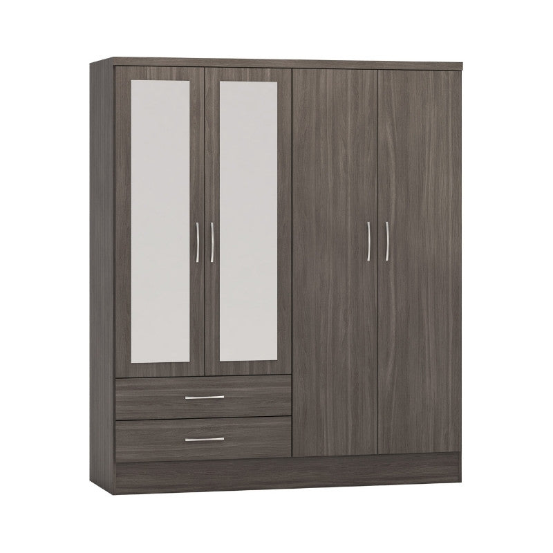 Seconique Nevada 4 Door 2 Drawer Mirrored Wardrobe Black Wood Grain