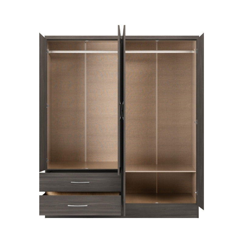 Seconique Nevada 4 Door 2 Drawer Mirrored Wardrobe Black Wood Grain