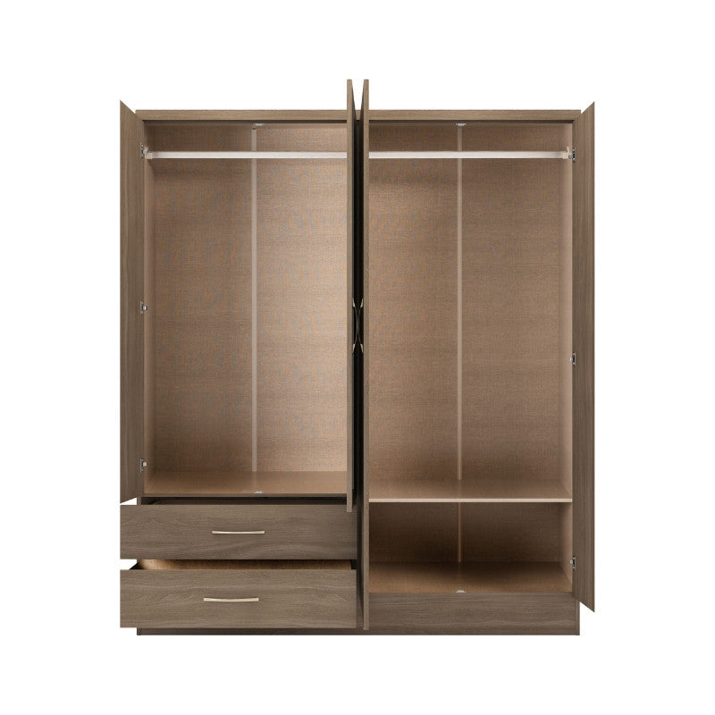 Seconique Nevada 4 Door 2 Drawer Mirrored Wardrobe Rustic Oak Effect