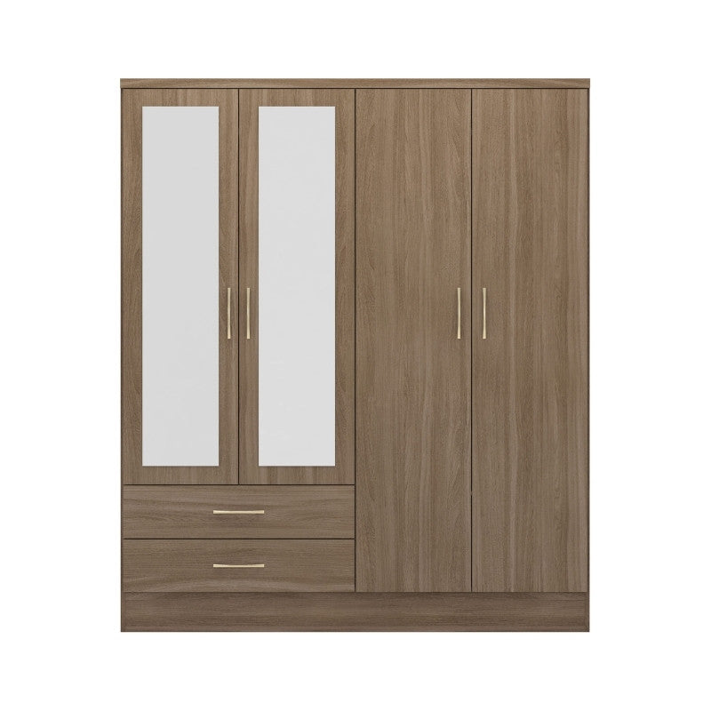 Seconique Nevada 4 Door 2 Drawer Mirrored Wardrobe Rustic Oak Effect