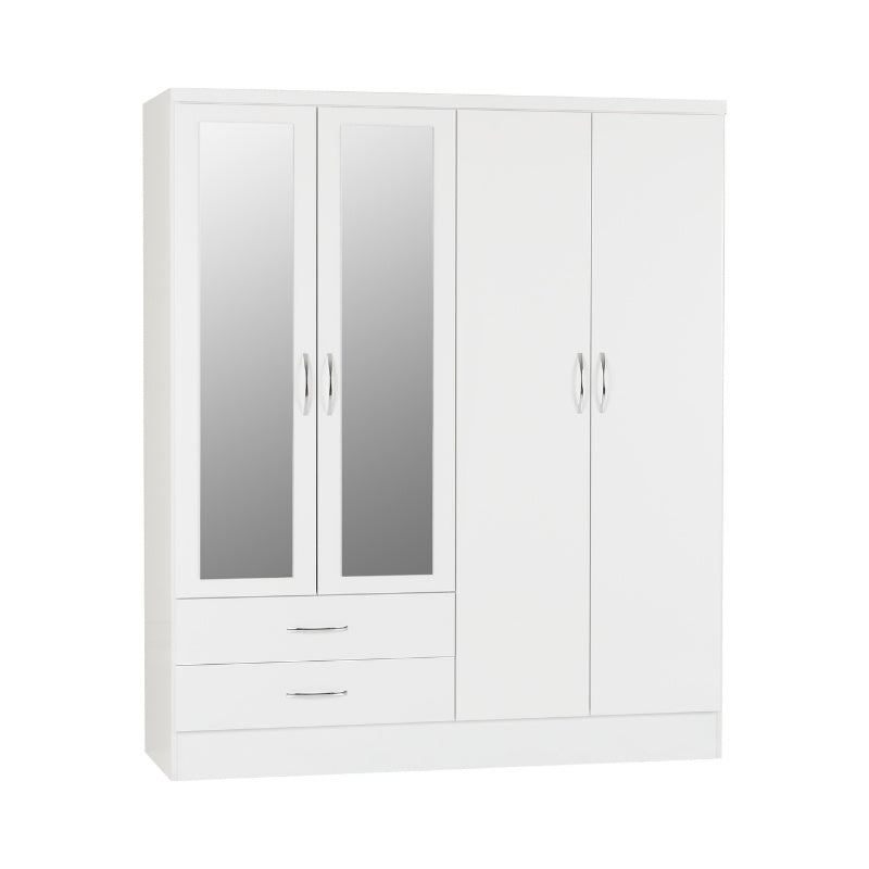 Seconique Nevada 4 Door 2 Drawer Mirrored Wardrobe White Gloss