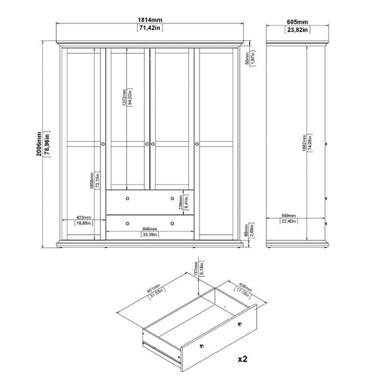 Furniture To Go Paris 4 Doors 2 Drawers Wardrobe Matte Grey