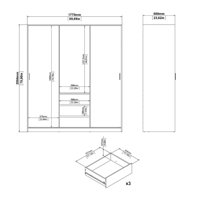 Furniture To Go Naia 2 Sliding Doors 1 Door 3 Drawers Wardrobe White High Gloss