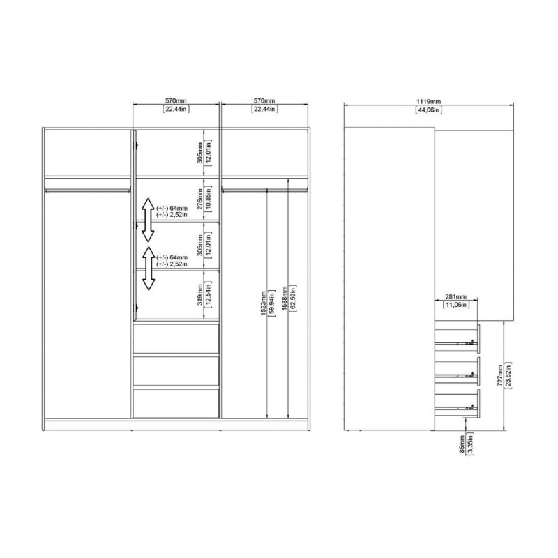 Furniture To Go Naia 2 Sliding Doors 1 Door 3 Drawers Wardrobe White High Gloss