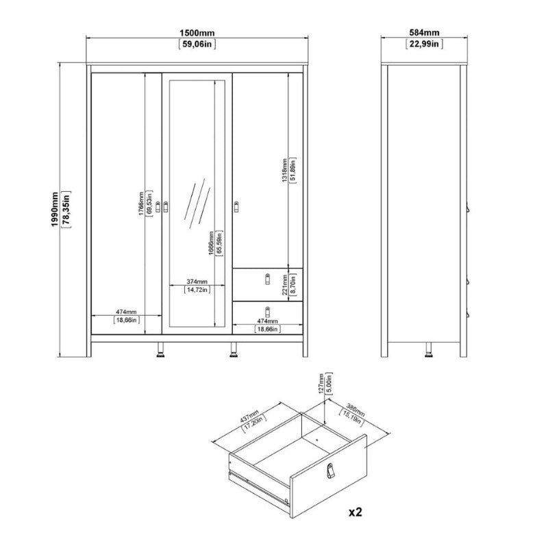 Furniture To Go Barcelona 2 Doors 1 Mirror Door 2 Drawers Wardrobe Matte Black