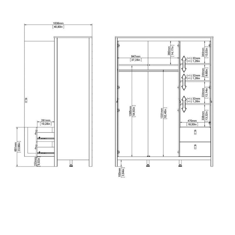 Furniture To Go Barcelona 2 Doors 1 Mirror Door 2 Drawers Wardrobe Matte Black