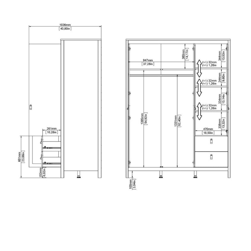 Furniture To Go Barcelona 2 Doors 1 Mirror Door 2 Drawers Wardrobe White