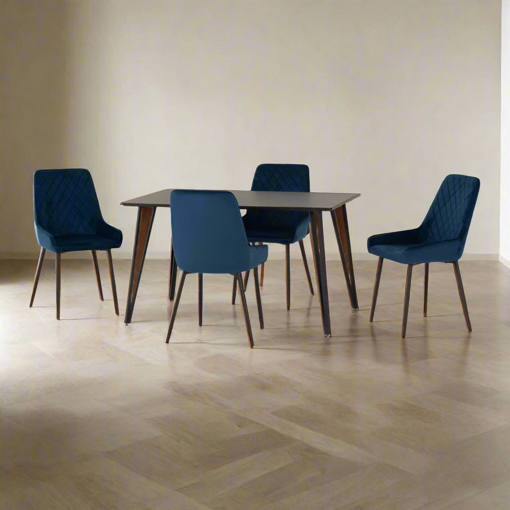 Seconique Marlow Dining Set with Avery Chairs Black Marble Effect/Black/Sapphire Blue Velvet