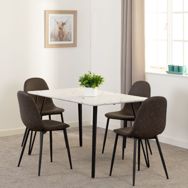 Seconique Marlow Dining Set with Athens Chairs White Marble Effect/Black/Brown Faux Leather