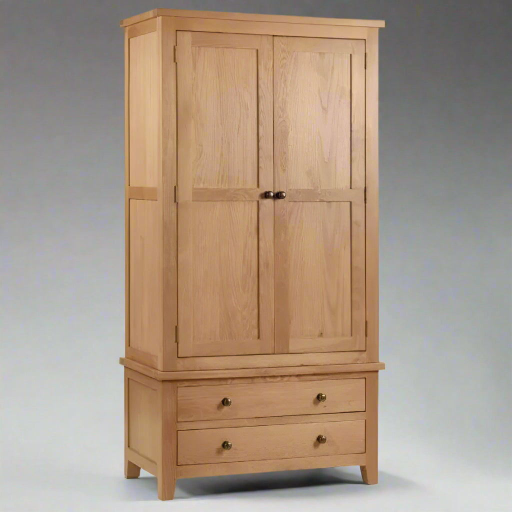 A solid wood oak wardrobe showcasing its sturdy construction and natural grain, emphasizing durability and elegance.