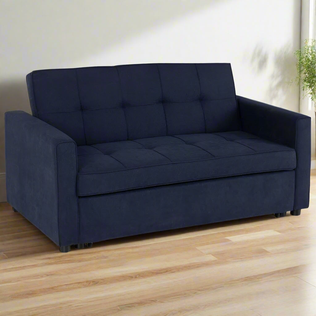 A navy blue sofa with a dark blue upholstered seat.