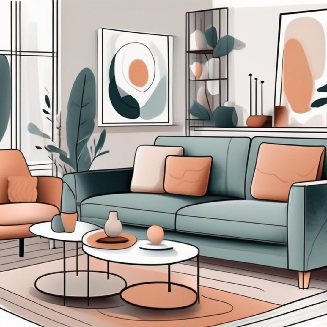 Interior of a living room featuring a couch, coffee table, and plants.