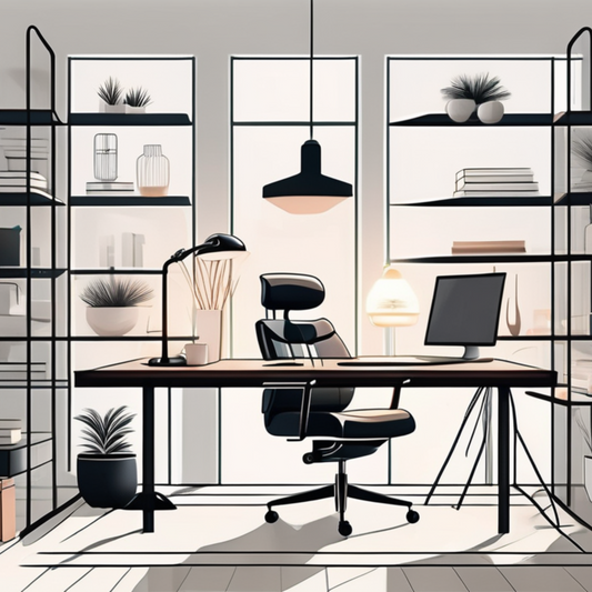 Interior of an office with a desk, chair, and shelves.