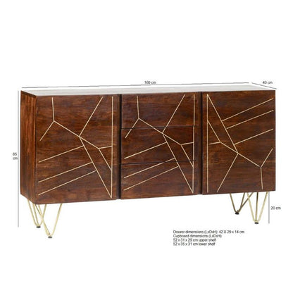 Indian Hub Dark Gold Extra Large Sideboard 3 Drawers And 2 Doors