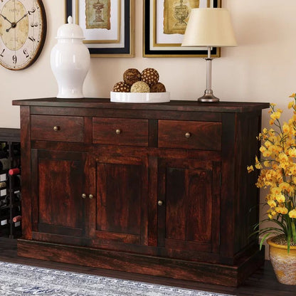 Wooden sideboard with clock and vase, adding elegance to any room decor.