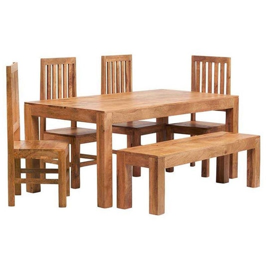 Dining room furniture: wooden table and four chairs, perfect for family gatherings.