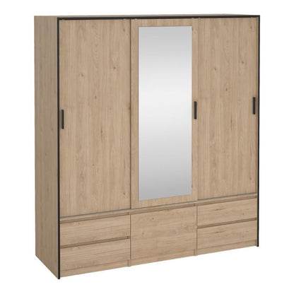 A wooden wardrobe featuring two doors and a central mirror, showcasing a classic and elegant design.