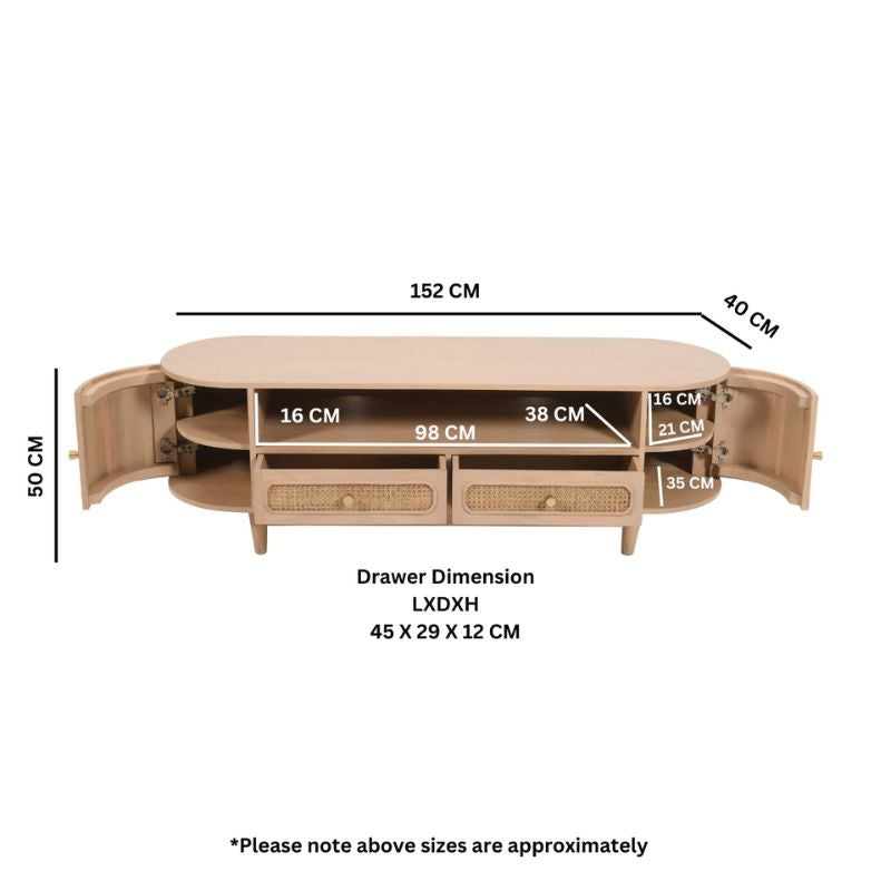 Indian Hub Valencia Cane & Mango Wood 2 Drawers TV Cabinet