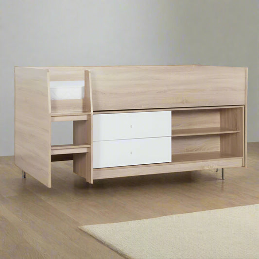 White and wood bed with drawers, perfect for a modern bedroom decor.