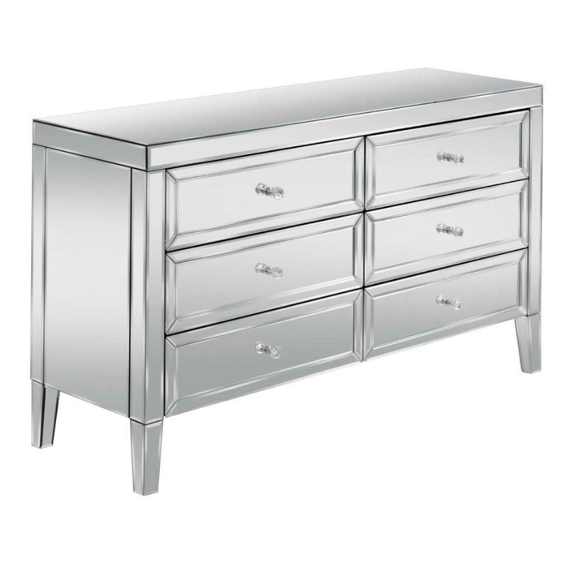 A sleek silver dresser with five drawers.