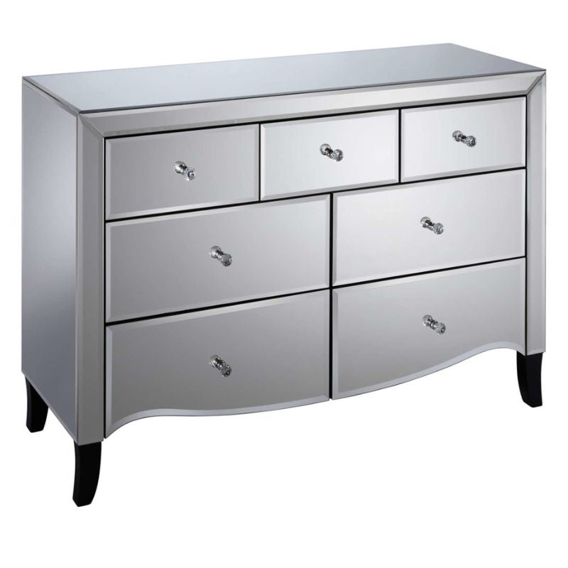 Silver dresser with six drawers and two doors, elegant and spacious storage solution for any bedroom decor.