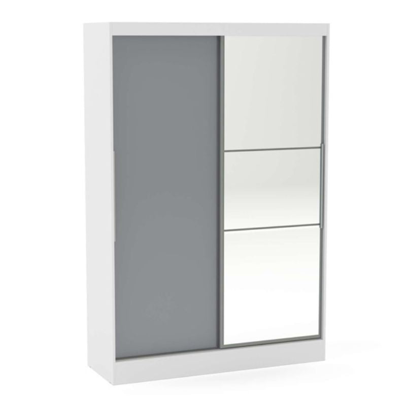 White and grey wardrobe with two doors, perfect for organizing clothes and accessories.