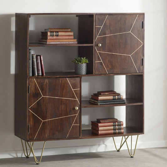 Bookshelf made of wood, stacked with books.