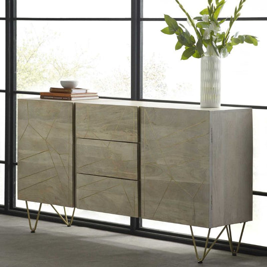 A contemporary sideboard with a vase and decorative flowers.