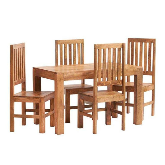 A wooden dining table with four chairs.