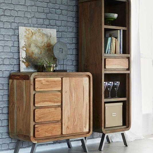 A wooden cabinet with drawers and shelves in a room.