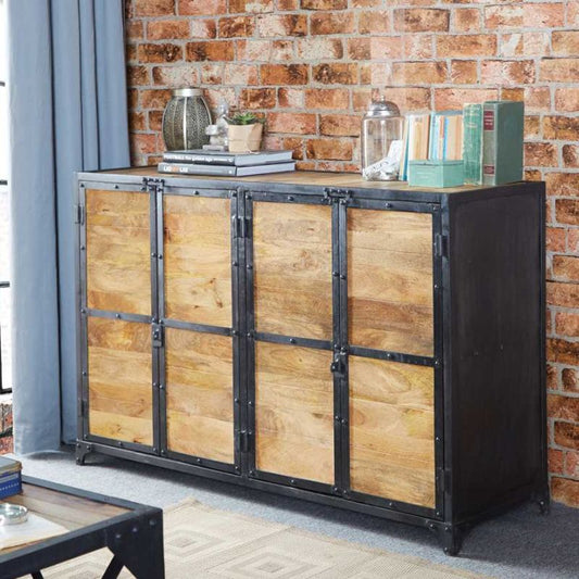 Industrial sideboard with wooden doors, perfect for adding a touch of rustic charm to any room.