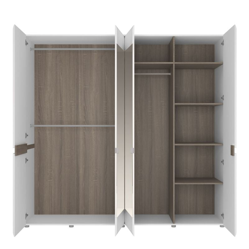 Furniture To Go Chelsea Bedroom 4 Door Wardrobe with Mirrors in White with a Truffle Oak Trim