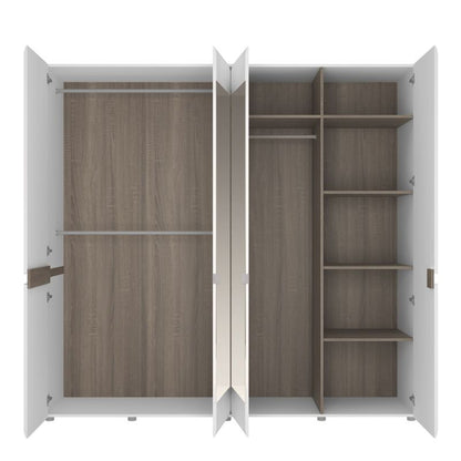 Furniture To Go Chelsea Bedroom 4 Door Wardrobe with Mirrors in White with a Truffle Oak Trim