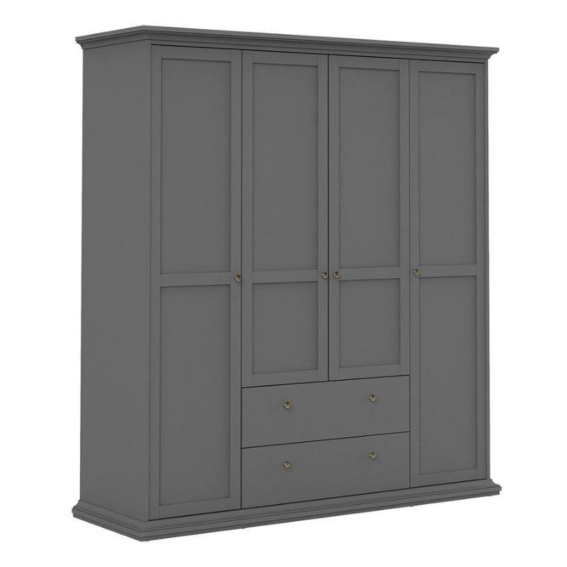 A grey wardrobe with three doors and drawers, perfect for storing clothes and accessories.