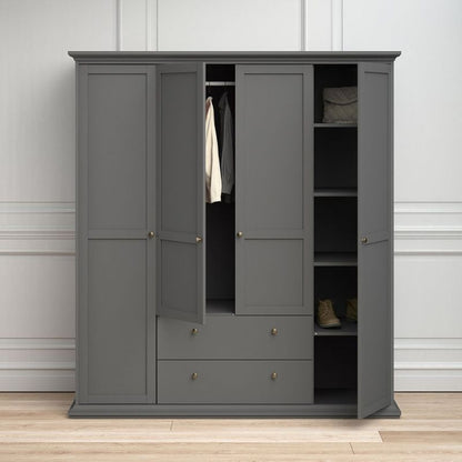 Furniture To Go Paris Wardrobe with 4 Doors and 2 Drawers in Matte Grey