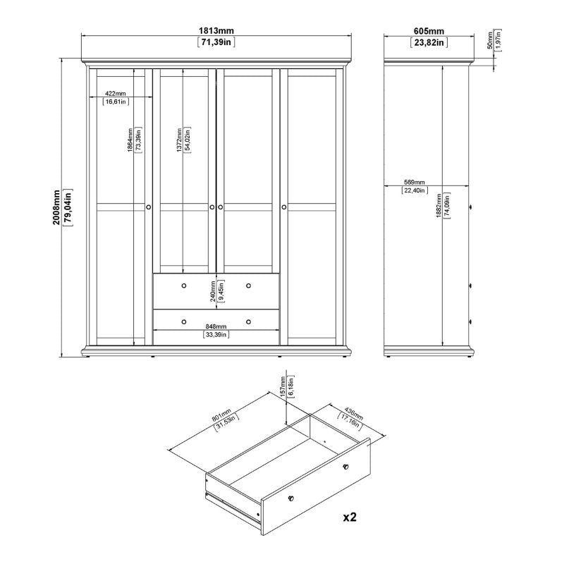 Furniture To Go Paris Wardrobe with 4 Doors and 2 Drawers in Matte Grey