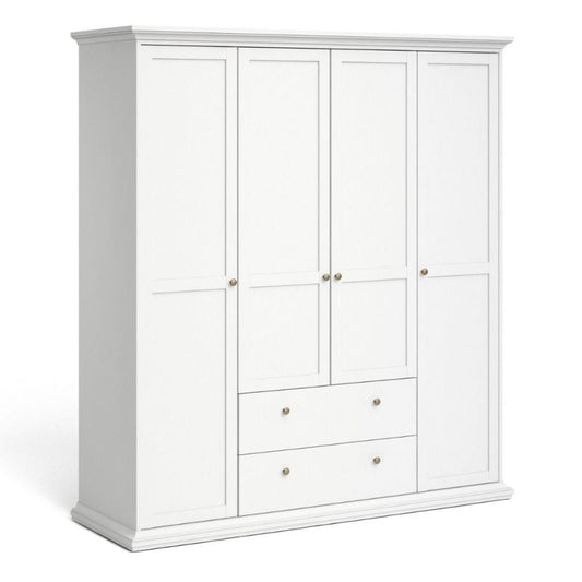 A white wardrobe featuring three doors and drawers, great for keeping your belongings neat and tidy.