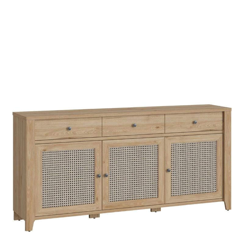 A wooden sideboard with two doors and two drawers, perfect for storing dining room essentials.