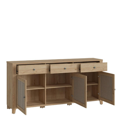 Furniture To Go Cestino 3 Door 3 Drawer Sideboard in Jackson Hickory Oak and Rattan Effect