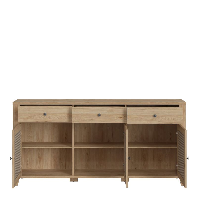 Furniture To Go Cestino 3 Door 3 Drawer Sideboard in Jackson Hickory Oak and Rattan Effect